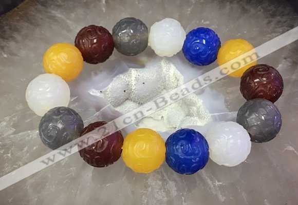 CGB3003 7.5 inches 16mm carved round mixed agate bracelet wholesale