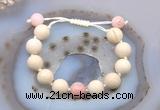 CGB6721 12mm round white fossil jasper & pink opal adjustable bracelets