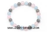 CGB8006 8mm aquamarine, labradorite & rose quartz beaded stretchy bracelets