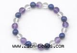CGB8016 8mm amethyst, white crystal & lapis lazuli beaded stretchy bracelets