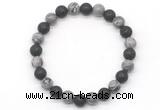 CGB8075 8mm grey picture jasper & black lava beaded stretchy bracelets