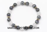 CGB8123 8mm snowflake obsidian, white jade & hematite power beads bracelet