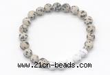 CGB8298 8mm matte dalmatian jasper & matte white howlite beaded mala stretchy bracelets