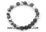 CGB8300 8mm matte black white jasper & black lava beaded mala stretchy bracelets