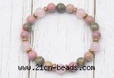 CGB8445 8mm pink wooden jasper, unakite, rose quartz & hematite power beads bracelet