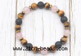 CGB8477 8mm grade AA yellow tiger eye, black lava, rose quartz & hematite power beads bracelet