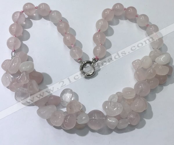 CGN370 19.5 inches round & chips rose quartz beaded necklaces