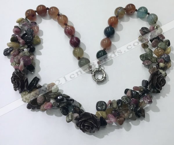 CGN376 19.5 inches round & chips mixed gemstone beaded necklaces