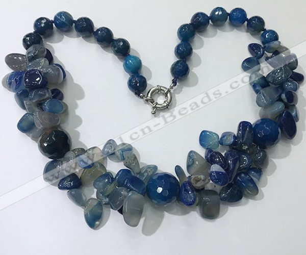 CGN379 19.5 inches round & chips blue agate beaded necklaces