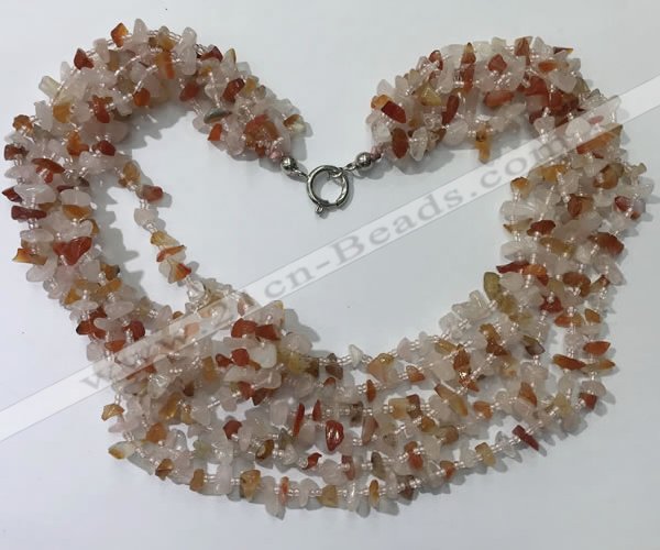 CGN723 19.5 inches stylish 6 rows red agate & rose quartz chips necklaces