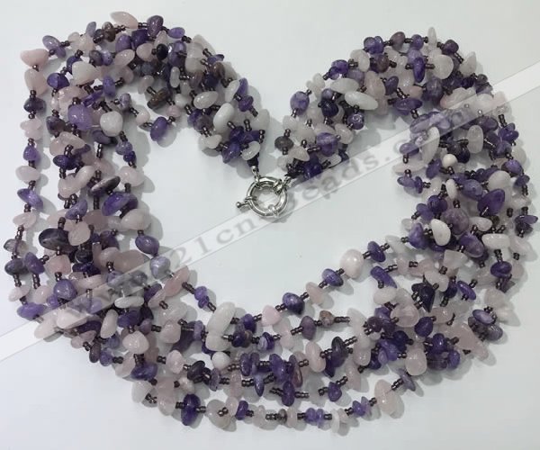 CGN734 19.5 inches stylish 6 rows amethyst & rose quartz chips necklaces