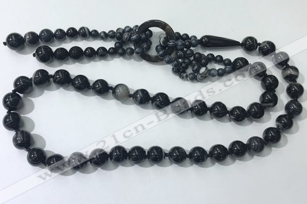 CGN865 27 inches trendy 12mm round striped agate tassel necklaces