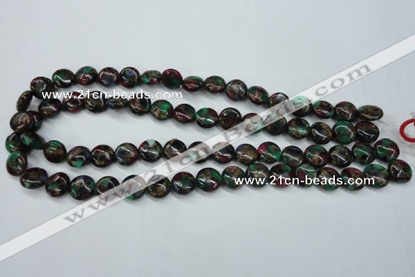 CGO32 15.5 inches 12mm flat round gold multi-color stone beads