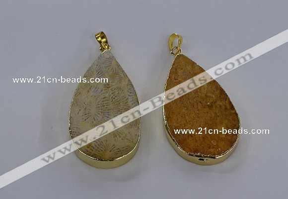 CGP3016 28*50mm flat teardrop fossil coral pendants wholesale