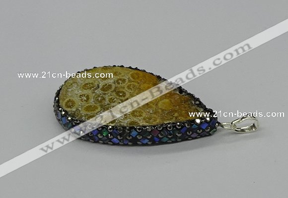 CGP3418 30*50mm - 35*55mm flat teardrop fossil coral pendants