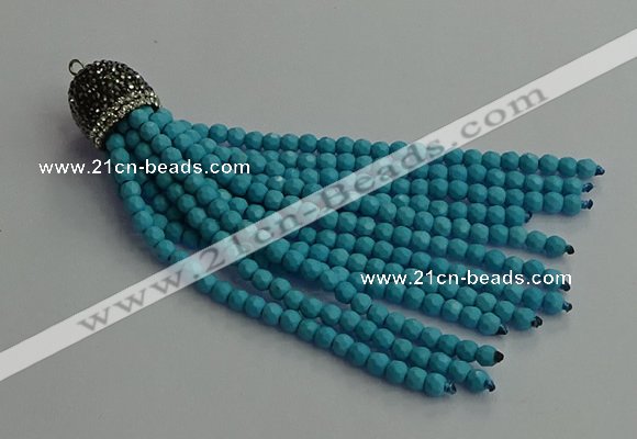 CGP684 4mm faceted round handmade turquoise beaded tassel pendants