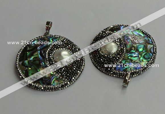 CGP710 45mm flat round abalone shell & shell pearl pendants