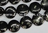 CJB158 15.5 inches 14mm flat round natural jet & pyrite gemstone beads