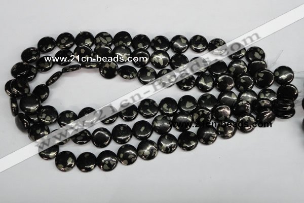 CJB158 15.5 inches 14mm flat round natural jet & pyrite gemstone beads