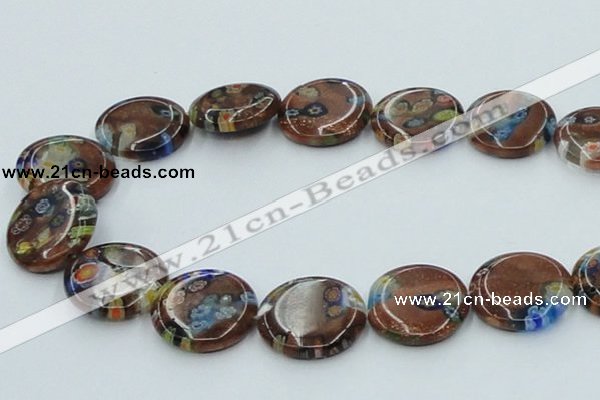 CLG555 16 inches 20mm flat round goldstone & lampwork glass beads