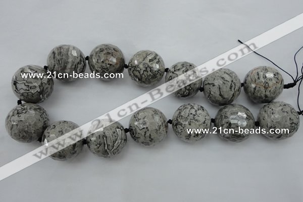 CLS09 15.5 inches 30mm faceted round large grey picture jasper beads