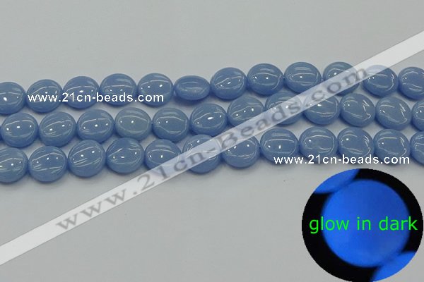 CLU132 15.5 inches 12mm flat round blue luminous stone beads