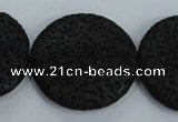 CLV51 15.5 inches 32mm flat round black natural lava beads wholesale