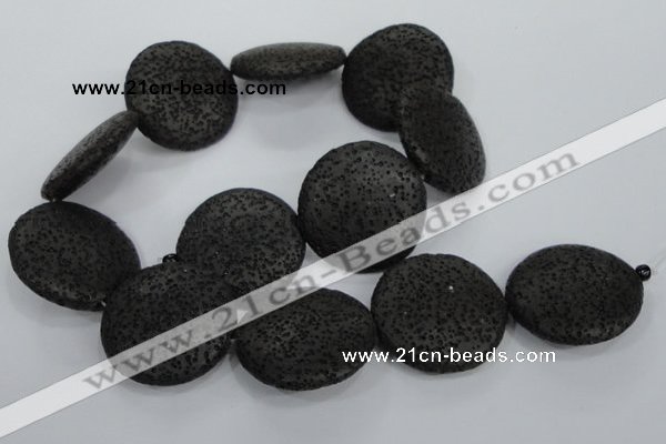 CLV51 15.5 inches 32mm flat round black natural lava beads wholesale