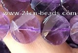 CNA1109 15.5 inches 10mm twisted & faceted coin amethyst beads