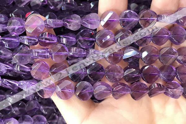 CNA1109 15.5 inches 10mm twisted & faceted coin amethyst beads