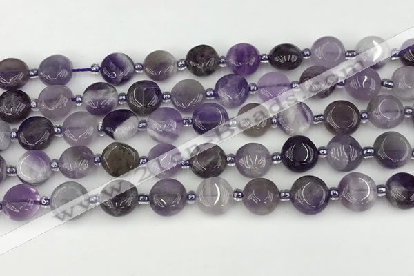 CNA1185 15.5 inches 10mm flat round amethyst beads wholesale