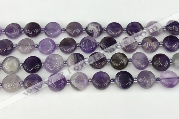 CNA1186 15.5 inches 12mm flat round amethyst beads wholesale