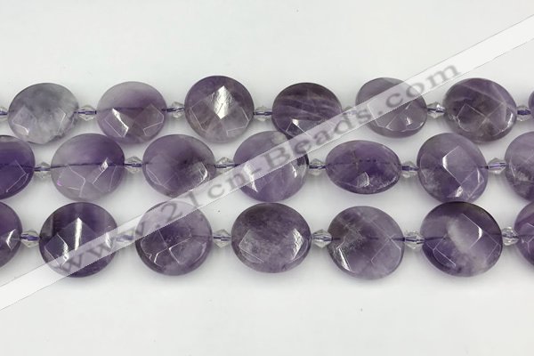 CNA1204 15.5 inches 20mm faceted coin amethyst beads wholesale