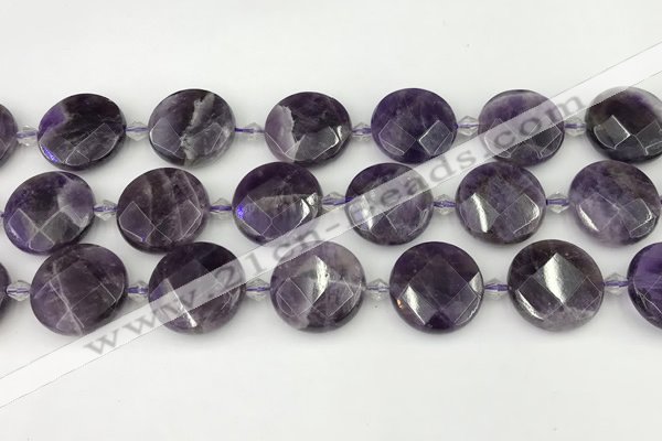 CNA1205 15.5 inches 20mm faceted coin amethyst gemstone beads