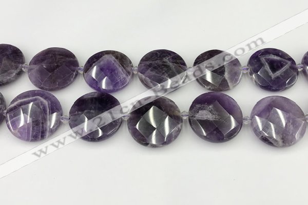 CNA1211 15.5 inches 30mm faceted coin amethyst gemstone beads