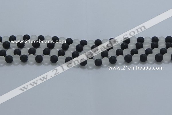 CNC111 15.5 inches 6mm round matte white crystal & black agate beads