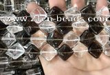 CNC825 15.5 inches 14*14mm diamond white crystal & smoky quartz beads