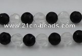 CNC86 15.5 inches 8mm carved round matte white crystal & black agate beads