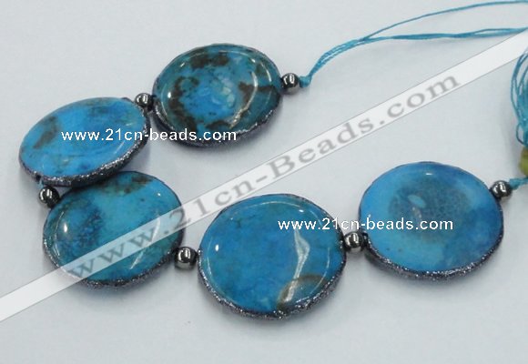 CNG2300 7.5 inches 35mm flat round agate beads with brass setting