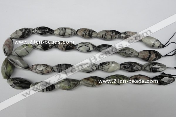 CNG603 15.5 inches 13*27mm faceted rice black water jasper nugget beads