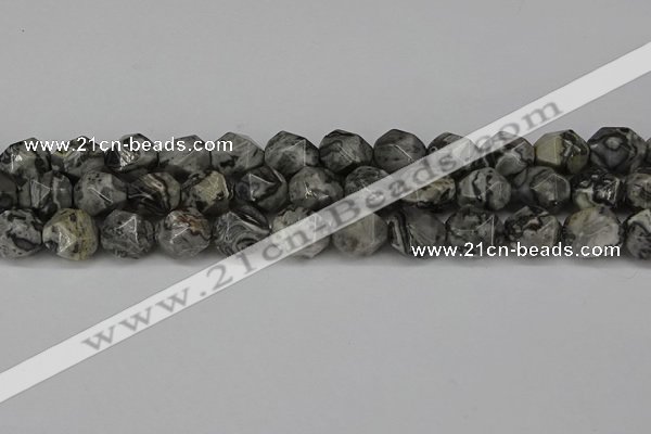 CNG6054 15.5 inches 12mm faceted nuggets grey picture jasper beads