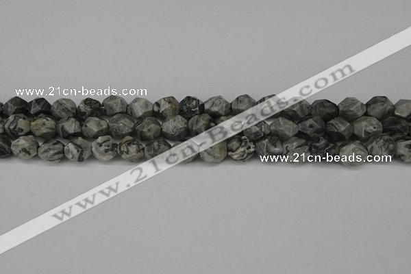 CNG6127 15.5 inches 8mm faceted nuggets grey picture jasper beads