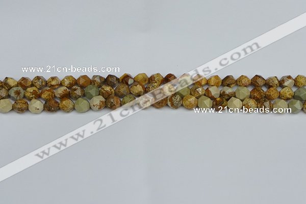 CNG7375 15.5 inches 6mm faceted nuggets picture jasper beads