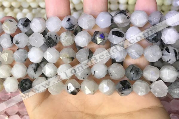 CNG8733 15.5 inches 8mm faceted nuggets black rutilated quartz beads