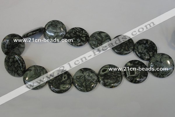 CNS425 15.5 inches 30mm flat round natural serpentine jasper beads