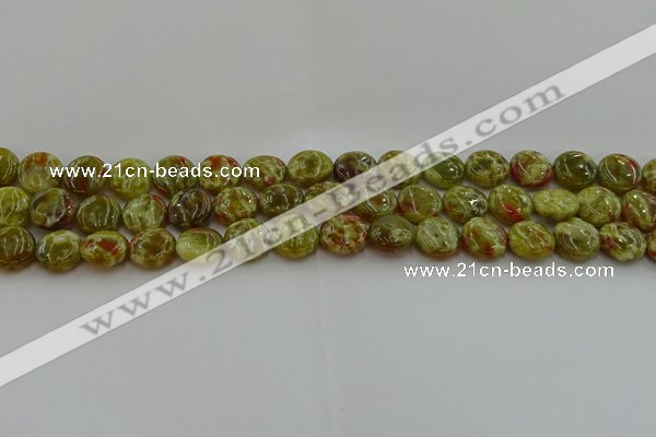 CNS622 15.5 inches 10mm flat round green dragon serpentine jasper beads