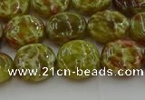 CNS623 15.5 inches 12mm flat round green dragon serpentine jasper beads