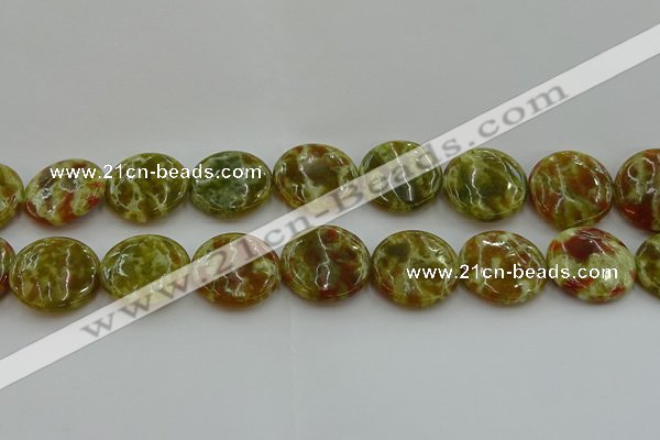 CNS627 15.5 inches 25mm flat round green dragon serpentine jasper beads