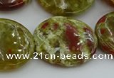 CNS628 15.5 inches 30mm flat round green dragon serpentine jasper beads