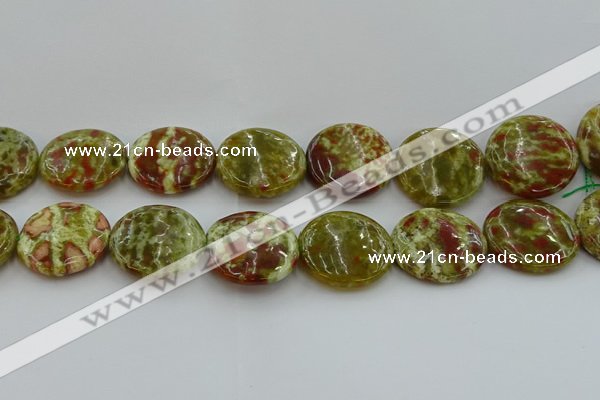 CNS628 15.5 inches 30mm flat round green dragon serpentine jasper beads